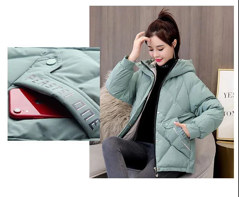 2020 New Fashion Short Letter Print Autumn Winter Jacket Women Warm Solid Hooded Down Parka Cotton Jacket Coat S-XXXL