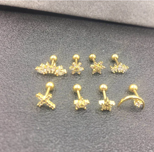 Lot50pcs ювелирные изделия для тела-золотые CZ серьги-гвоздики/серьги Helix БАР Серьга для верхней части уха пирсинг для пупка диафские серьги 16g Сердце цветок