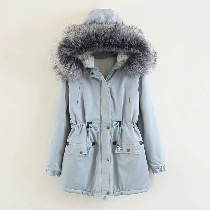 

2019 Spring New Style Western Style Drawstring Lace Waist Hugging Slim Fit Large Fur Collar Cotton Overcoat