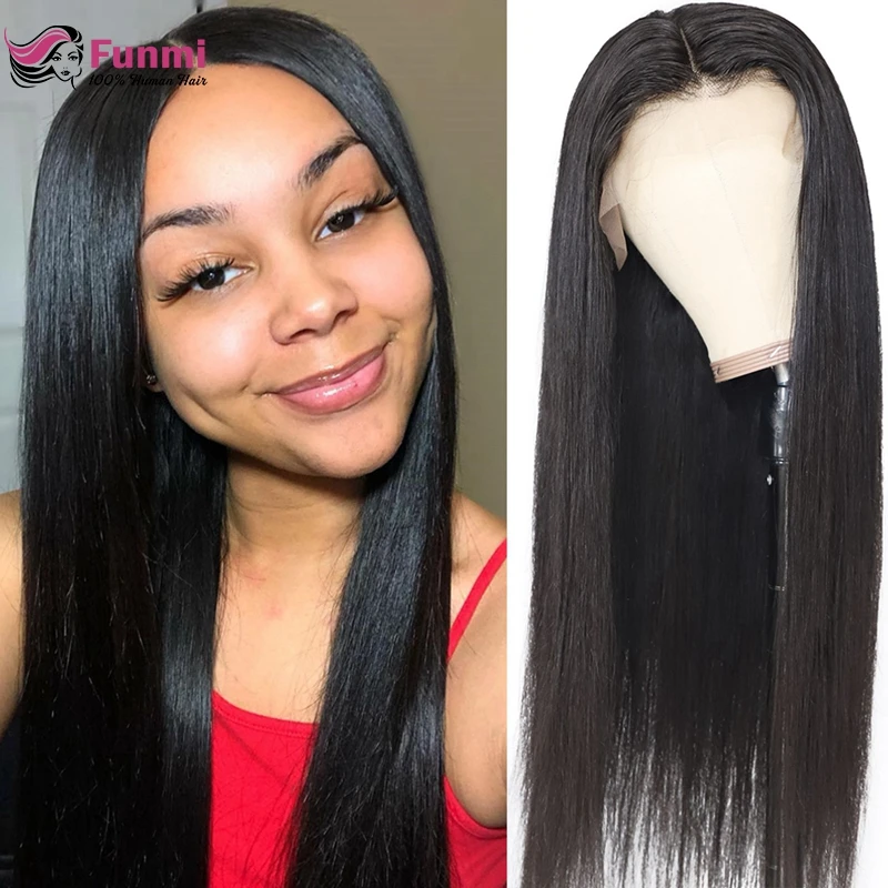 

Funmi 4x4 Lace Closure Wigs Remy Human Hair Wigs Pre Plucked with Baby Hair Brazilian Straight Lace Front Wigs for Black Women