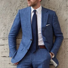 Новое поступление, дизайнерский синий пляжный льняной мужской костюм, приталенный смокинг на заказ, блейзер для жениха, мужские костюмы на выпускной(пиджак+ брюки