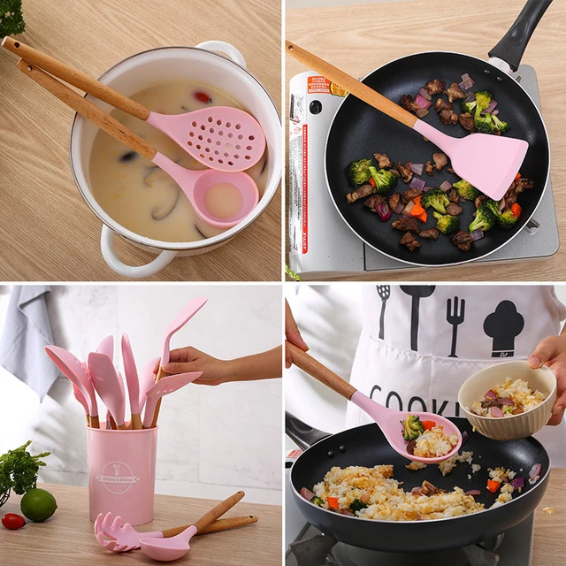 Pink Cute Kitchen Cookware Silicone Kitchenware Non Stick Cooking Pot Sets  Spatula Ladle Egg Beaters Shovel Kitchen Accessories - Cooking Tool Sets -  AliExpress