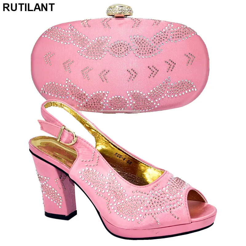 

New Peach Italian Shoes with Matching Bags High Quality Ladies Shoe and Bag Set Decorated with Rhinestone Buckle Strap Elegant