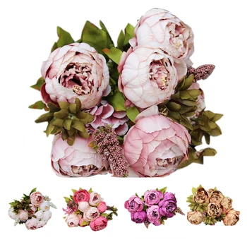

1Bouquet 8 Heads Artificial Peony Silk Flower Leaf Home Wedding Party Decor Brown