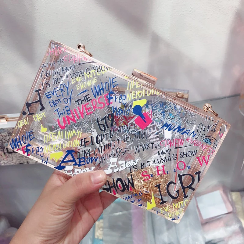 Fivela de Corrente Verão Nova Mulher Bolsa Graffiti Moda Transparente Carta um Ombro Diagonal 2021
