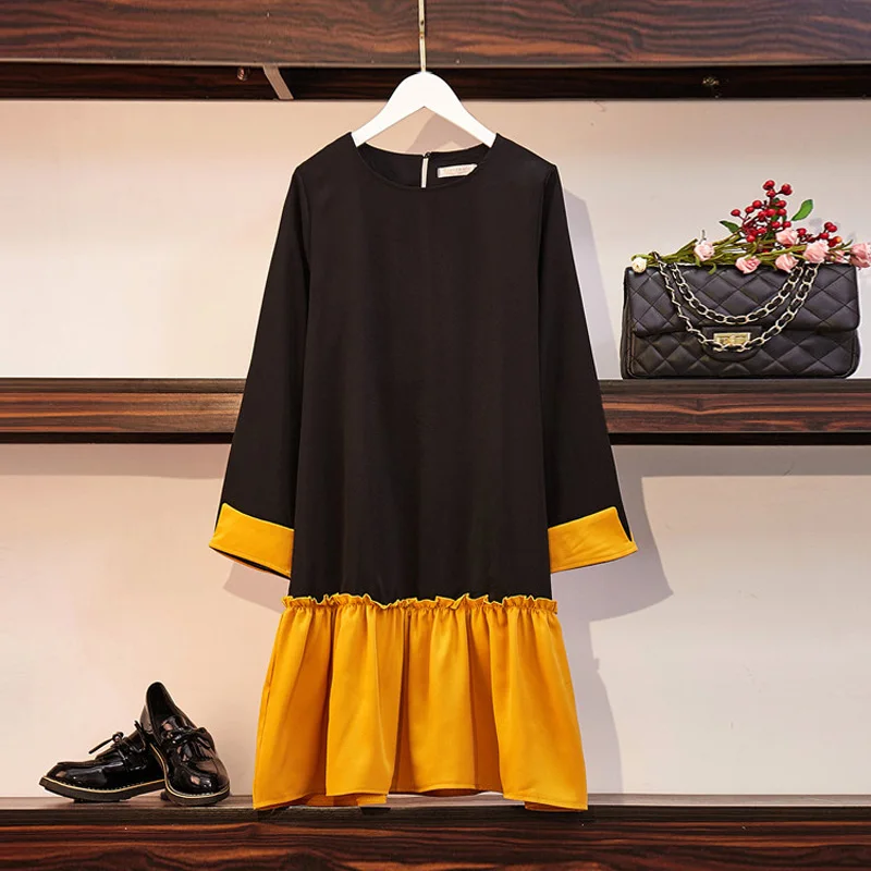 

Women Casual Loose O Neck Long Sleeve Autumn Black Midi T Shirt Dress Plus Size Ruffles Patchwork Straight Warm Party Vestidos