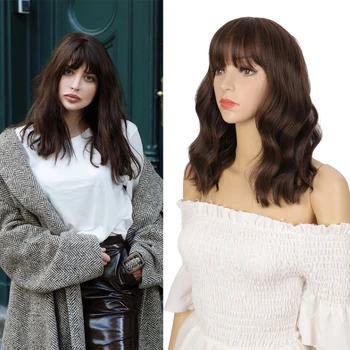 

DIANQI 16 Inch Medium Water Wave Brown Wigs With Bangs Heat Resistant Synthetic Hair For African American Women Hair