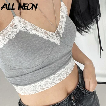 

ALLNeon E-Girl Sweet Ribbed V-neck Lace Cami Tops Y2K Fashion Solid Spaghetti Strap Backless Crop Top Streetwear 90s Party 2020