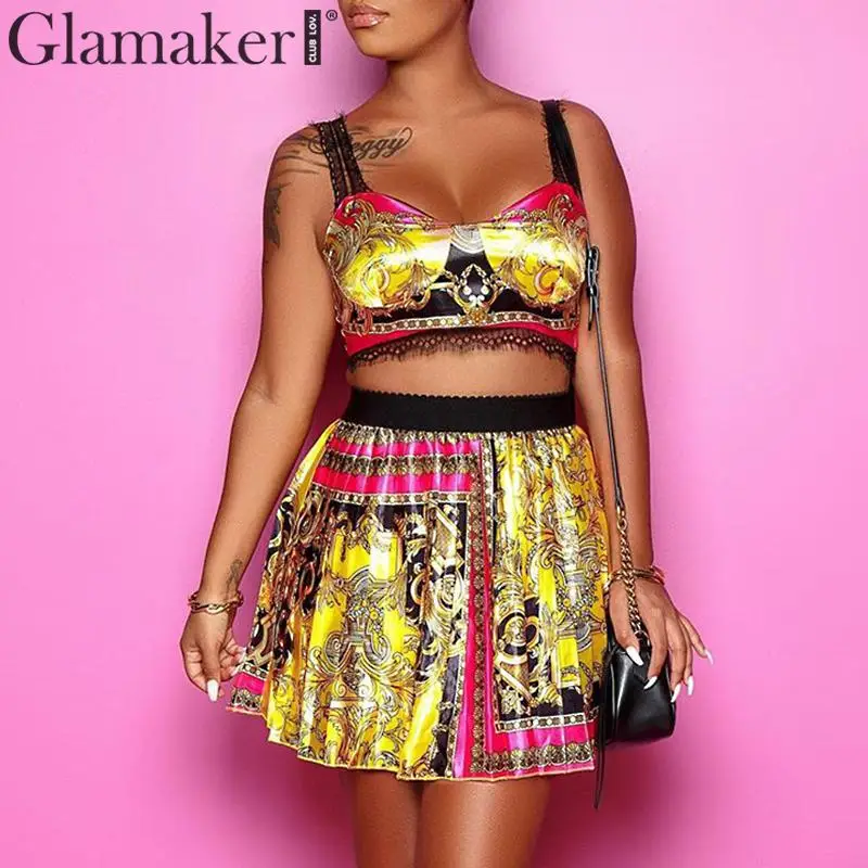 Glamaker, кружевное лоскутное платье из 2 частей с принтом, женское винтажное короткое платье с v-образным вырезом, элегантные вечерние платья без рукавов, сексуальное Плиссированное Клубное платье
