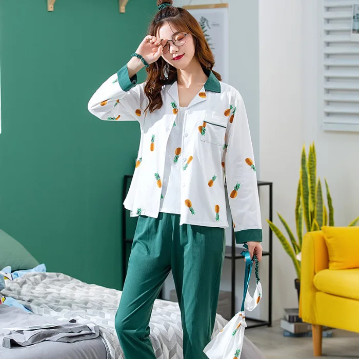

Seven Sets Pajamas Women's Spring And Autumn Summer Pure Cotton Long Sleeve Camisole INS Wind Korean-style Cute Homewear Set Epi