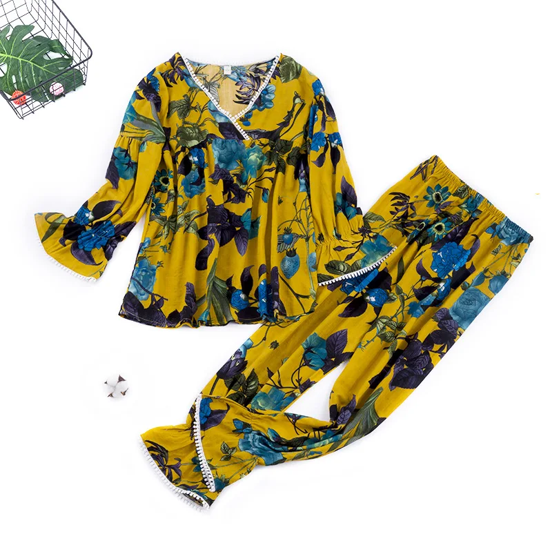 QWEEK/Женская Хлопковая пижама с цветочным принтом, женские пижамы на весну и осень, Повседневная Пижама Женский, с длинным рукавом + штаны