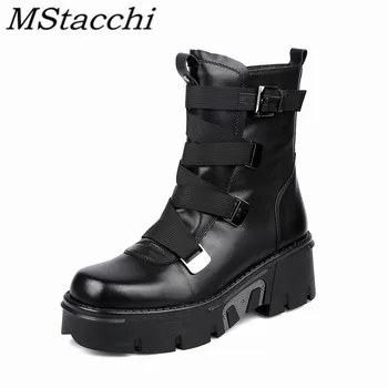 

Mstacchi Ladies Elastic Cord Buckle Thick Bottom Martin Boots Retro Woman Flat With Pointed Toe Sewing Zipper Motorcycle Boots