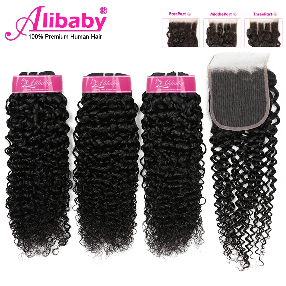 Alibaby малазийские локоны для наращивания, человеческие волосы, пряди с закрытием, натуральный цвет, натуральные кудрявые пучки волос