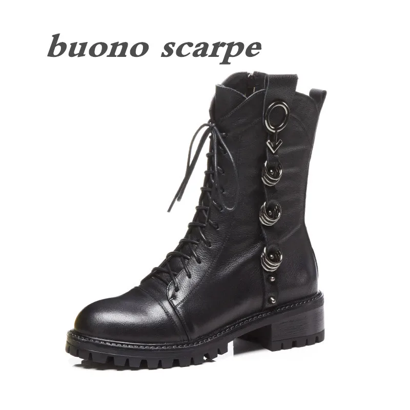 

2019 autumn and winter new full leather Martin Rivet zipper low heel knight military police women's boots