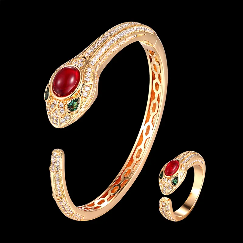 

Fateama luxury artistic animal snake bangle with ring jewelry set micro pave setting and big bijou stone bracelet fashion jewelr