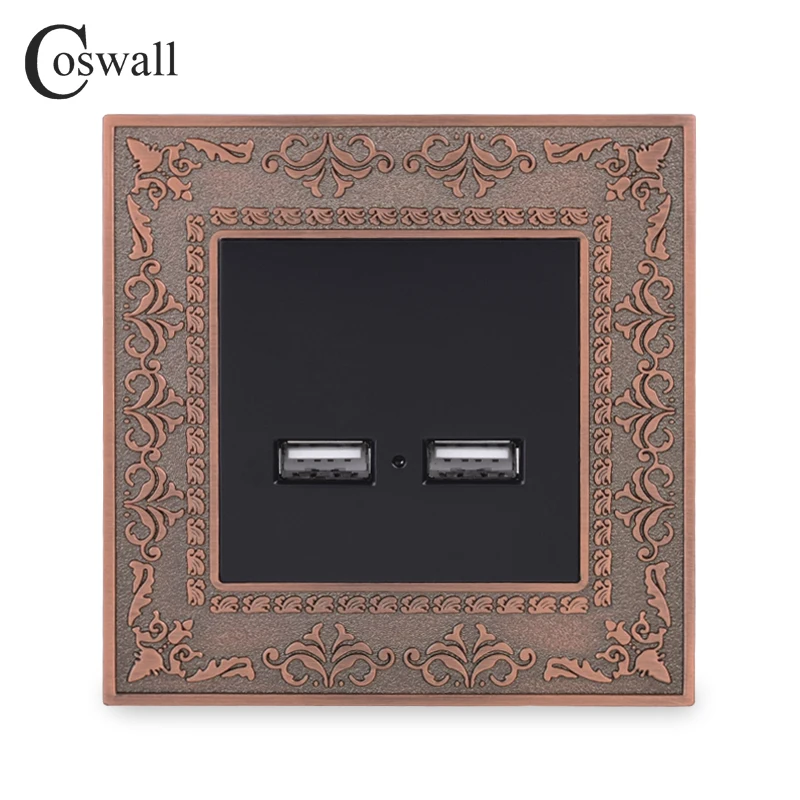 Coswall Vintage Zinc Alloy Panel Wall Socket Dual USB Smart Induction Charging Port For Mobile 2.1A Output With LED Indicator
