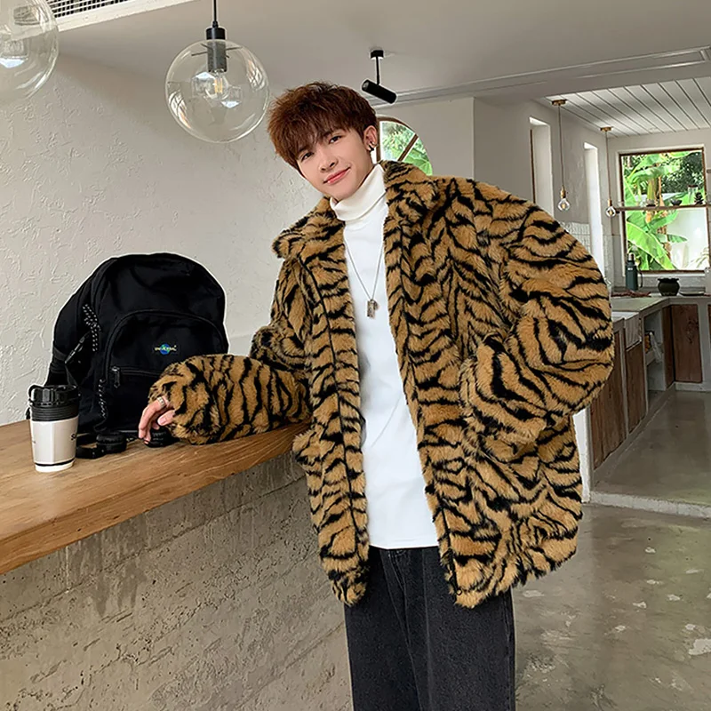 Men Tiger Pattern Fleece Fur Fluffy Coat Jacket Jumper Outwear Oversized Warm Outwear Jackets Man Tiger Grain Imitate Fur