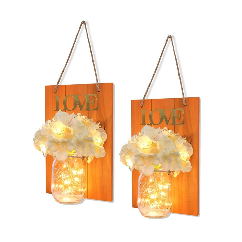 Top-Set of 2 Mason Jars Sconce, Rustic Home Decor Wall Wood Art Sconces Hydrangea Flowers LED Fairy Lights for Country House Off
