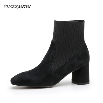 

Socks Boots Women's Short Boots Autumn Winter New Thick Round Toe Wild Thin Boots Temperament High-heel Stitching Knitted Boots