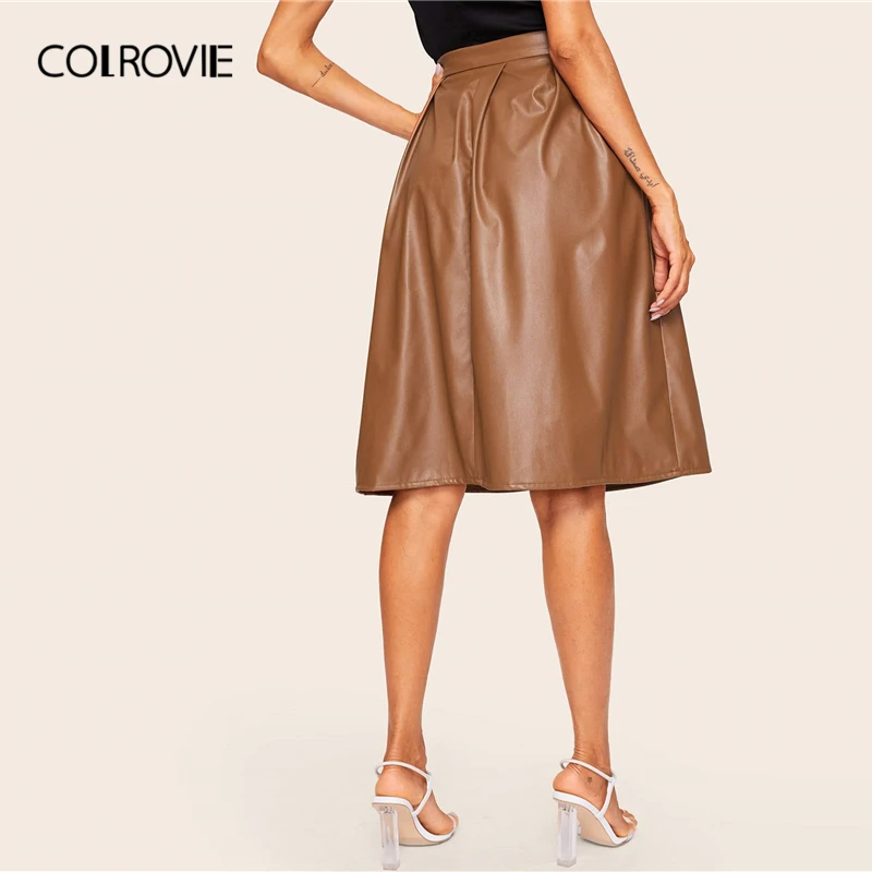 COLROVIE однотонная женская плиссированная юбка из искусственной кожи на молнии сбоку, осень, Женская юбка миди, элегантная трапециевидная юбка на молнии
