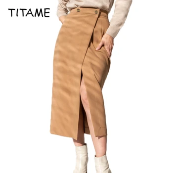 

TITAME 2020 Casual Spring Brown Midi Skirt Women High Waist Split Sexy Female Wrap Skirt Offices Ladies Skirts Button Fashion