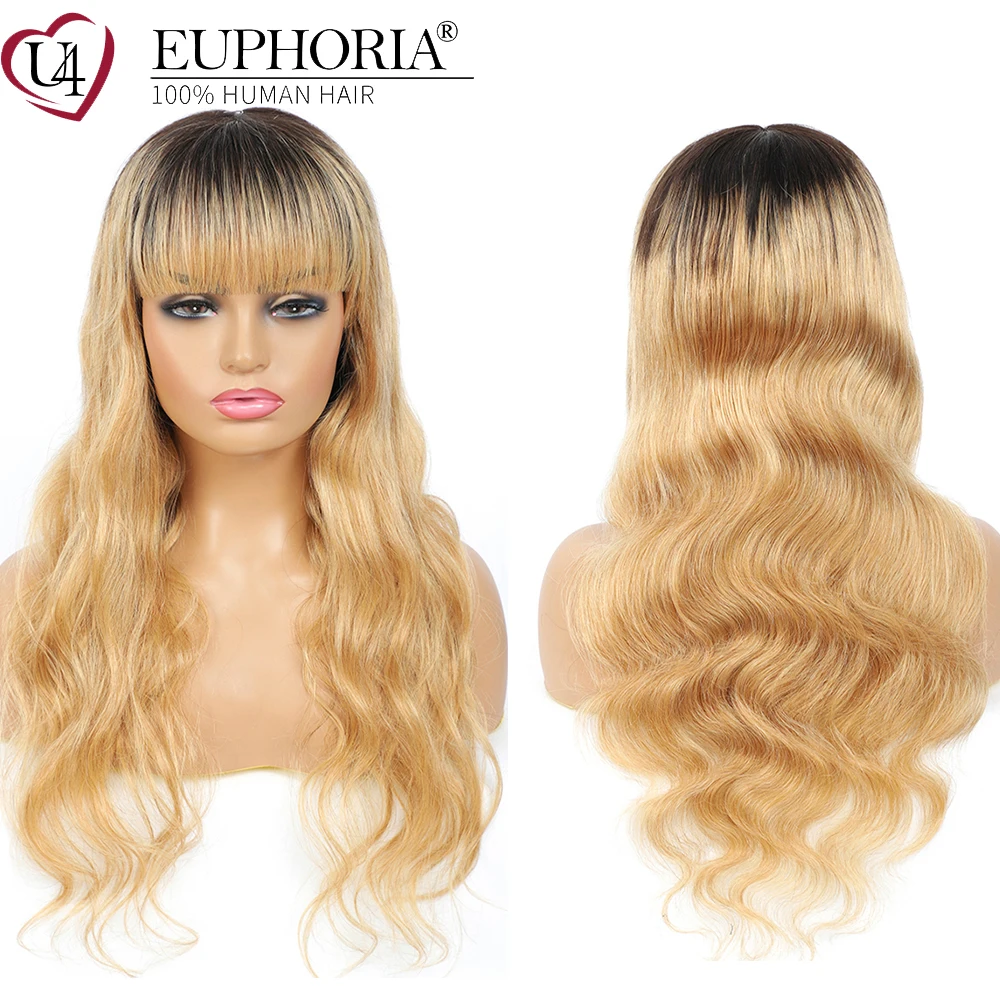 Ombre Blonde 27 Body Wave Hair Wig Brazilian Remy Full Machine Made Wigs With Bangs Red BURG Natural Colored EUPHORIA | Шиньоны и