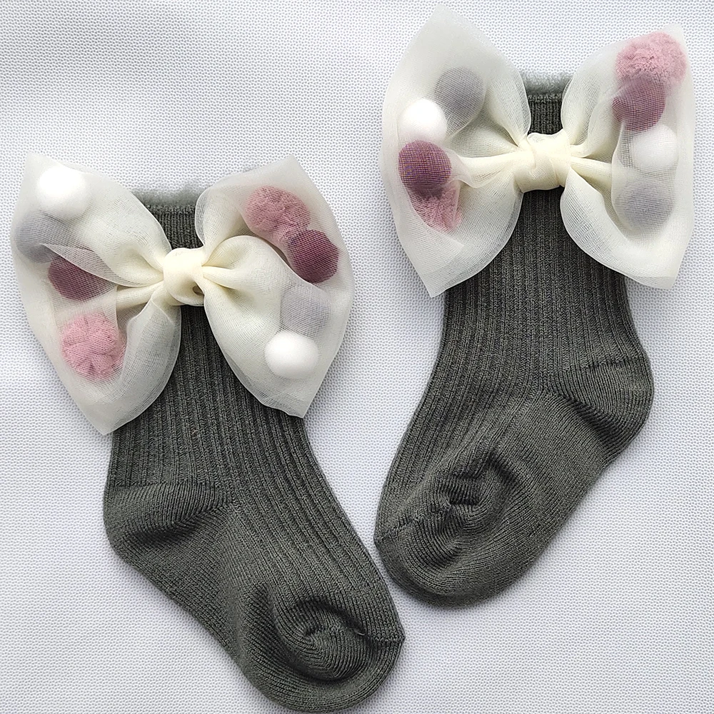 Gray White Bow Новые Зимние гольфы с бантиками для маленьких девочек; носки принцессы для девочек; теплые детские носки; бархатные детские носки - Цвет: Gray White Bow