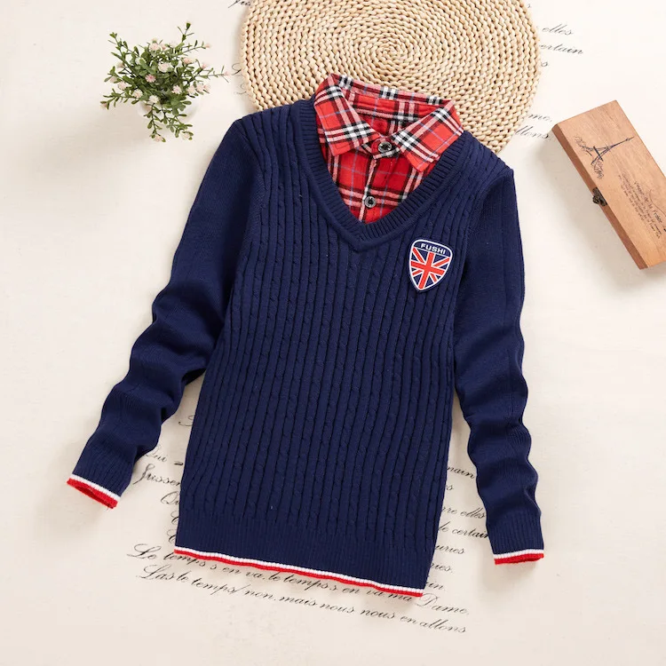 

Sweater Fake Two-Piece New Style Collar BOY'S Pure Cotton 2019 Autumn And Winter Shirt Children Warm Cotton Knitwear Solid Color