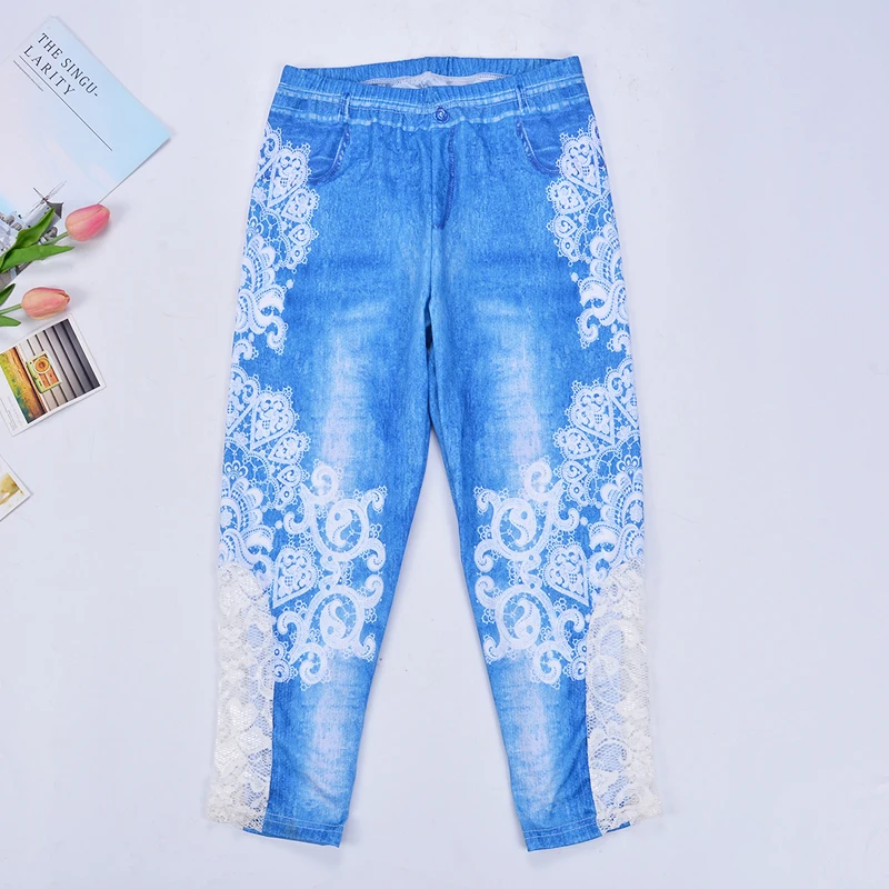blue Модные джинсы размера плюс из искусственного денима, повседневные Капри, леггинсы с принтом, кружевные лоскутные облегающие женские штаны для фитнеса - Цвет: blue