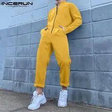 

INCERUN American Style Fashion New Men Rompers All-match Simple Front Zipper Solid Color Comfortable Long-sleeved Jumpsuit S-5XL