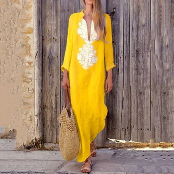 

Loose Fashion Boho Maxi Woman Dress Long Sleeve Solid Vintage Beach Dresses V Neck Party Vestido