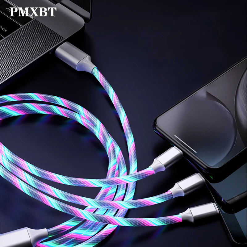 

LED Glow Flowing 3in1 Charger usb cable Type C Micro USB C 8 Pin 2.4A Fast Charging for iPhone Samsung Android Cable Charge Cord
