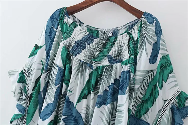 

2018 Europe And America Summer New Style WOMEN'S Dress Horizontal Neck off-Shoulder Loose-Fit Shirt Leaf Printed Bell Sleeve Top