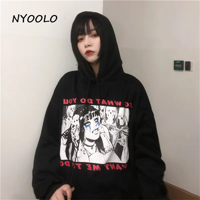 NYOOLO Harajuku с принтом комиксов и букв плюс бархатные теплые толстовки осень зима пуловер с длинным рукавом Толстовка с капюшоном для женщин и мужчин топы