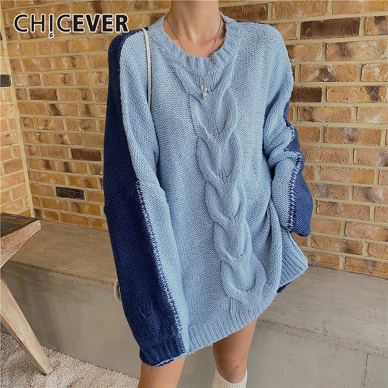 CHICEVER корейский стиль лоскутные хитовые цветные свитера для женщин v образный