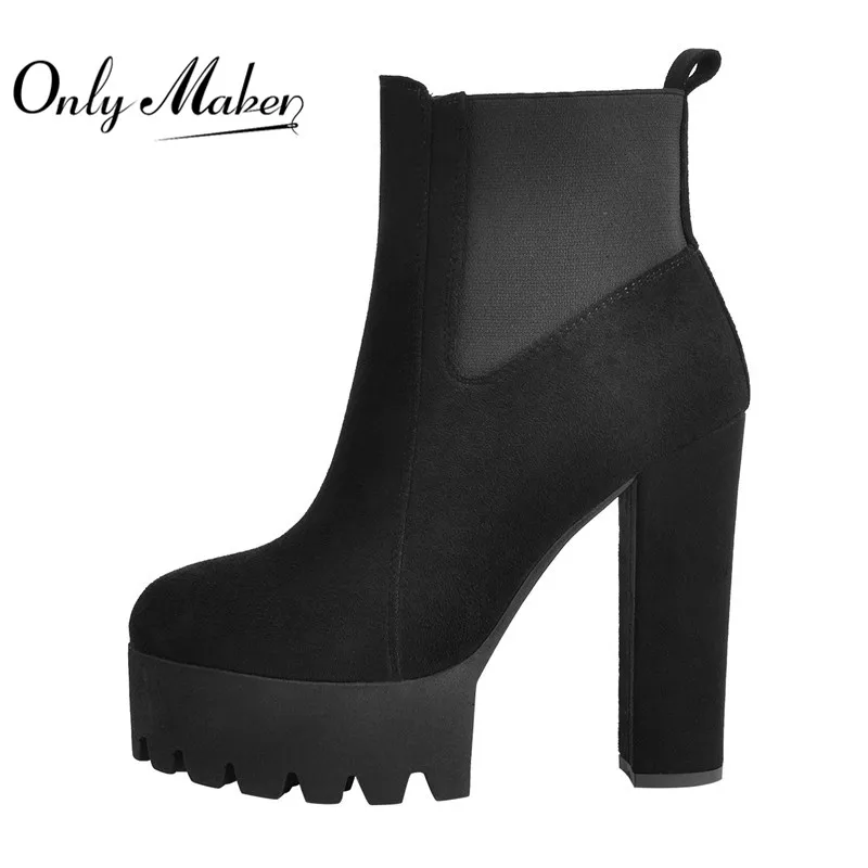 Onlymaker Women's Comfy Elastic Platform Boots Round Toe Chunky High