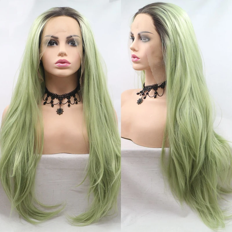 Straight Synthetic Lace Front Wig Ombre Light Dark Neon Lime Mint Green Black Body Wave Wigs Curly Cosplay Frontal Hair ForWomen виброхвост helios shaggy green lime 8 5 см 5 шт hs 16 010