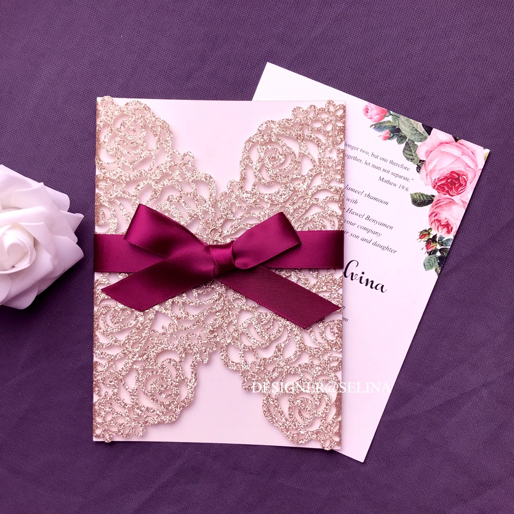 Розовое золото блеск Лазерная резка, для свадьбы приглашает посыпать ленты Цветочные приглашения на сладкий 16 день рождения девичник приглашение