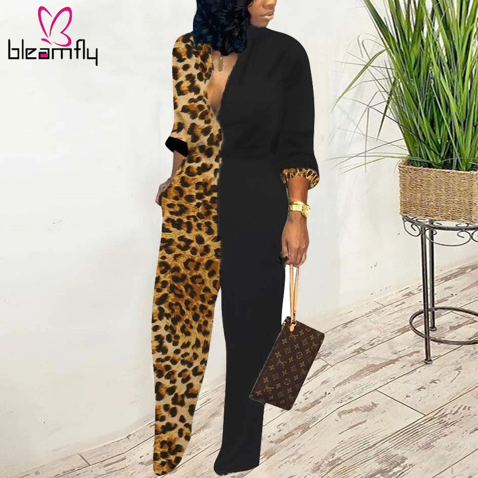 

2019 Autumn Winter Women Leopard Print Patchwork Long Sleeve Wide Leg Button Jumpsuit Sexy Club Night Straight Romper Playsuit