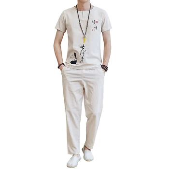 

M-5XL Quality Cotton And Linen Thin Set Streetwear Slim Short-sleeved Shirt + Pants Sets Large Size Casual Men Clothing XXXXXL