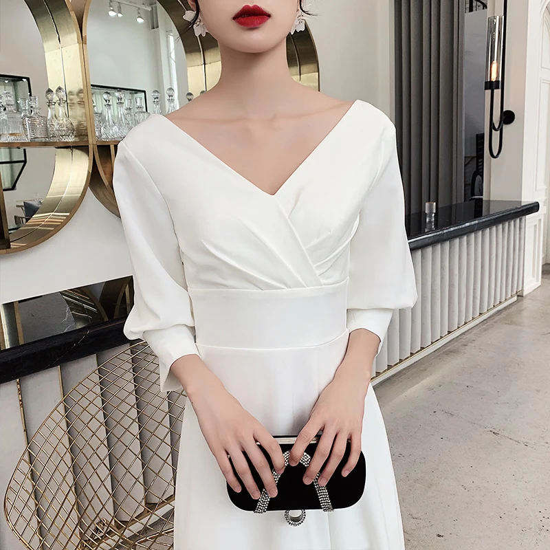 Сексуальное женское белое вечернее платье Qipao с высоким разрезом, осеннее платье размера плюс 3XL, элегантное платье Cheongsam с пышными рукавами и v-образным вырезом, Vestidos Defesta