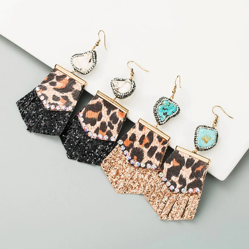 Pendientes con flecos de cuero con purpurina de leopardo para mujer, aretes con piedras turquesa naturales crudas de cristal pavimentado, joyería grande de verano, venta por mayor|Pendientes con forma de gota| -