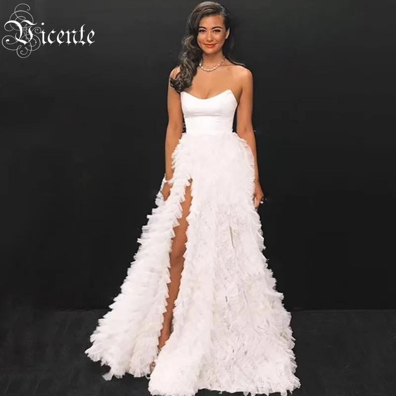 

Vicente 2019 All Free Shipping New Chic Cascading Ruffles Design Sexy Bra Strapless Celebrity Party Long Mesh Dress