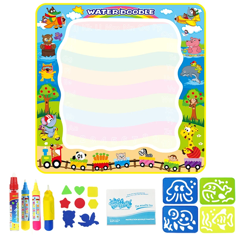 100x100 см милый волшебный коврик для рисования водой с 4 волшебными ручками и штампами, доска для рисования, детские игрушки, подарок на день рождения - Цвет: A with stamps