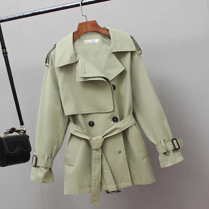 Gabardina cortavientos corta para mujer, abrigo informal suelto y delgado, prendas de vestir, moda con cuello levantado, gabardina con cordón para mujer 2020