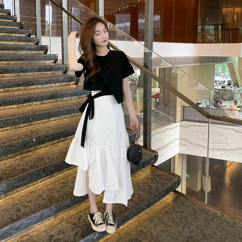 Korean Crop Top Outfits Elegant Irregular Maxi Skirt Set Sexy Cute Outfits  For Teens Lace Up Bow Two Piece Set Summer - Dress Sets - AliExpress