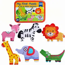 Бесплатная доставка Детские деревянные головоломки игрушки Детские Мультяшные Животные головоломки, мой первый пазл 6-в-коробке животные