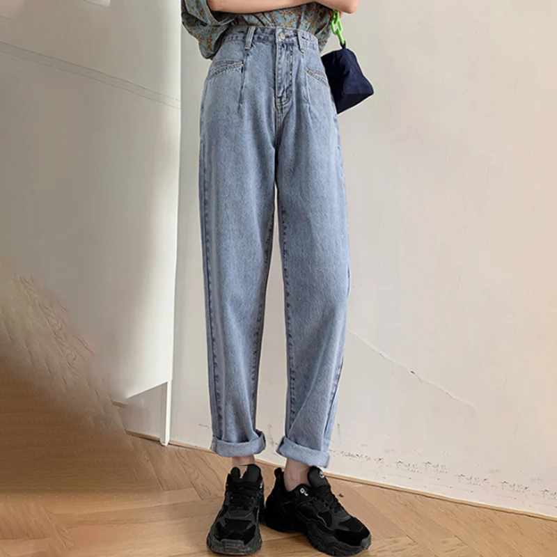 Осенние женские джинсовые шаровары с высокой талией синие длинные брюки
