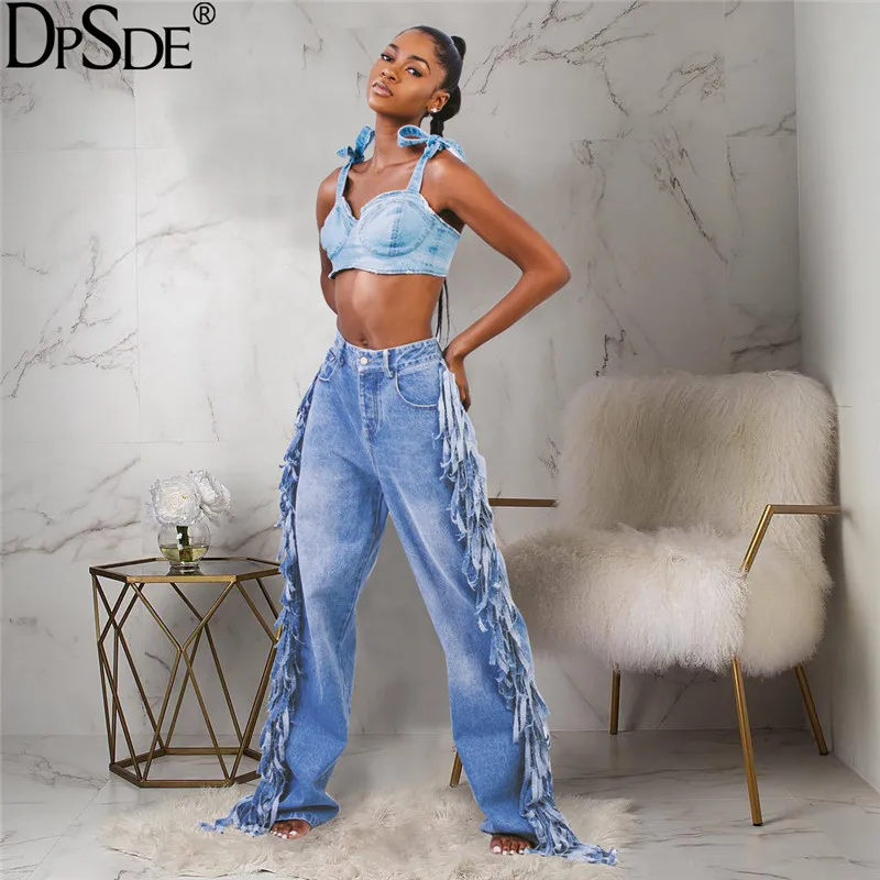 DPSDE Tassel Осень новинка модные джинсовые штаны Синий уличная одежда свободные длинные штаны в талии на молнии повседневные расклешенные брюки