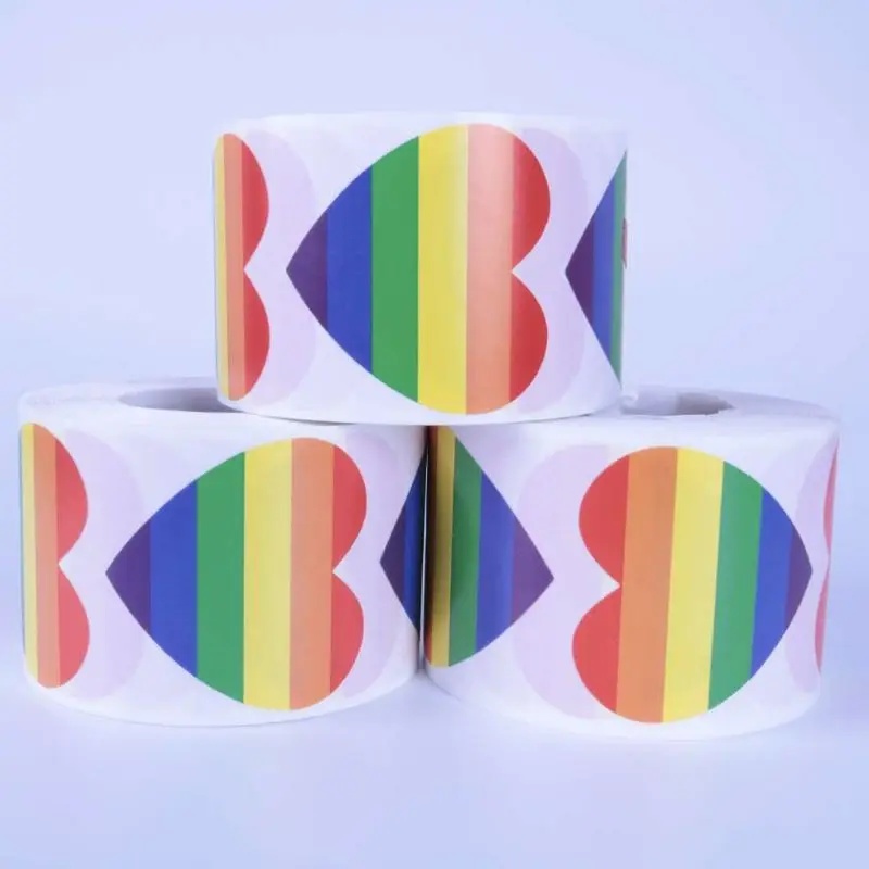 

500 Love Rainbow Ribbon Stickers Gay Pride 6 Color Stripes Heart Shape Roll Tape 634D